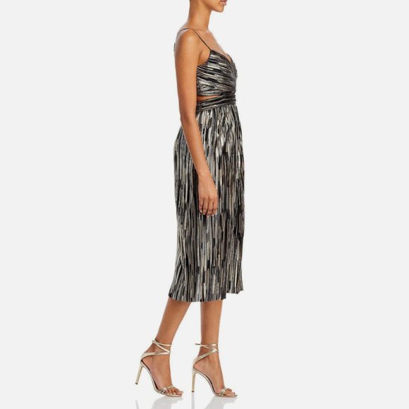 Aidan Mattox Metallic Striped V-Neck A-Line Midi Dress Party Cocktail Dress - Picture 2 of 10